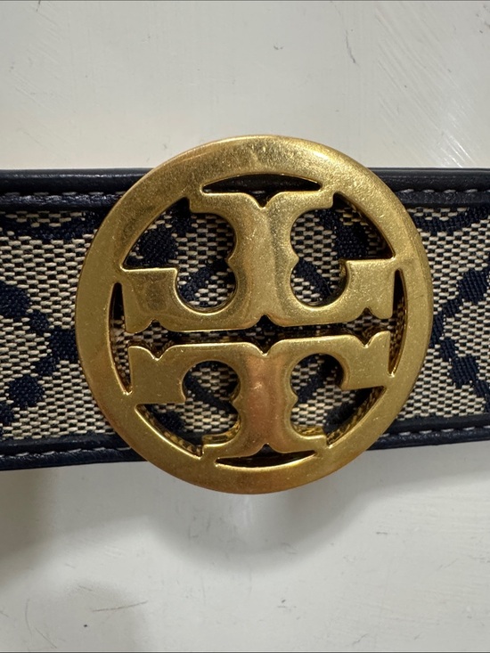 Tory Burch Black and Beige Logo Web Belt with Gold Medallion Buckle Size Small main image 8